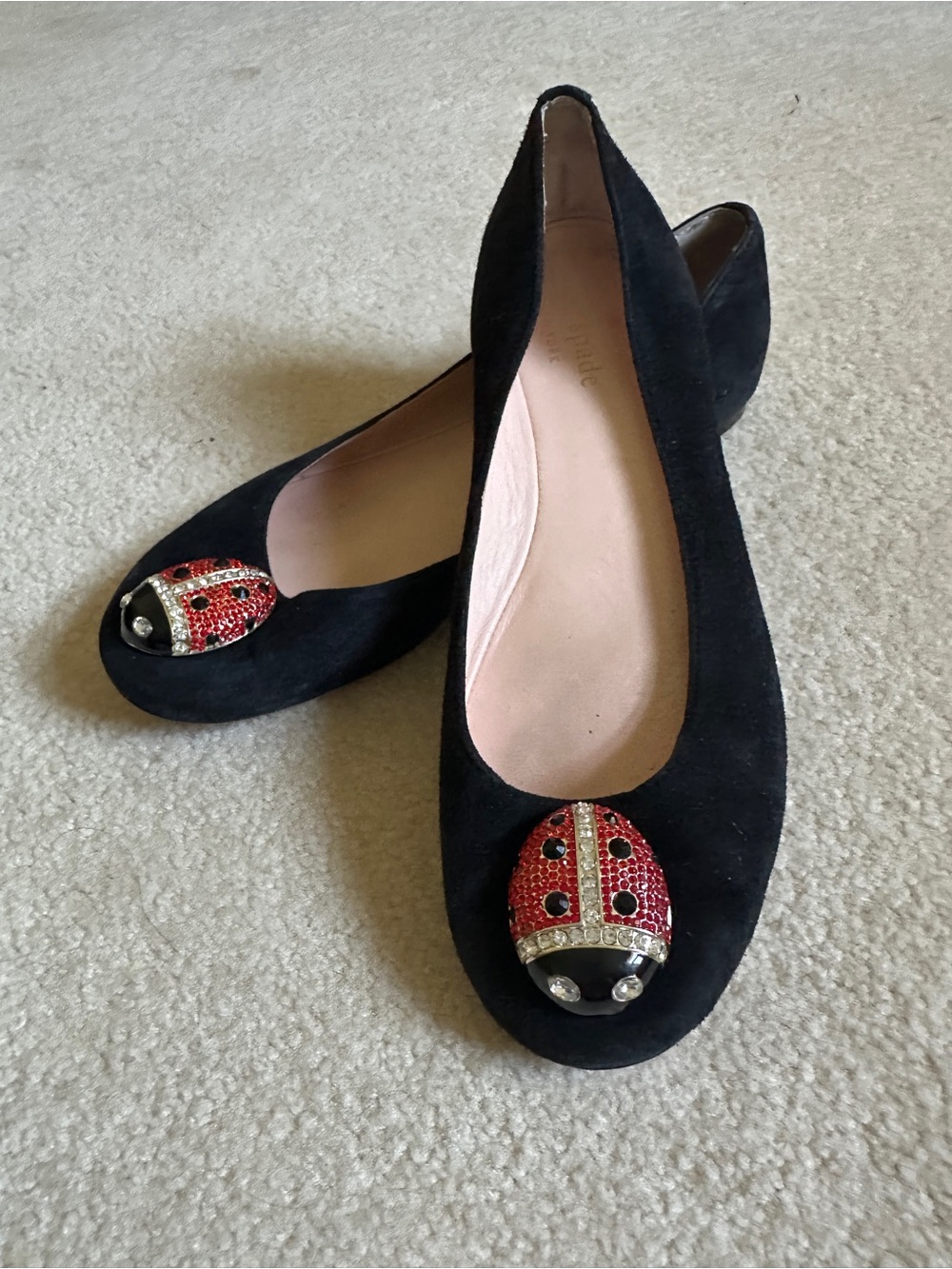 Kate Spade New York Wendy jeweled ladybug ballet flats in black suede sz 6.5